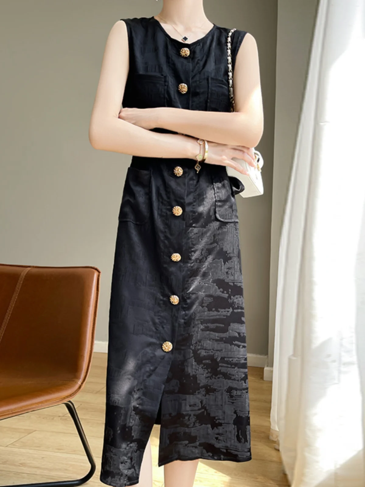 ファイオナブルな新作中国風スレラウンドネベルト付きアセテートサテン春夏レディースカーディガンAラインロングスカート