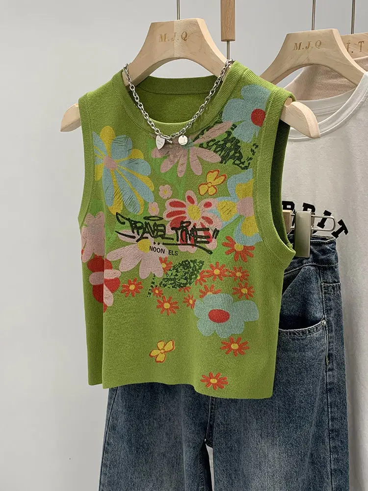 Vintage Graffiti Flower Print Knitted Camisole Women Sweater Vests Crop Tank Tops Fashion Sexy Streetwear Sleeveless Knitwear