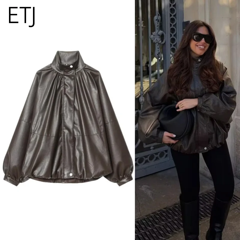 Nouvelle collection printemps 2026 ETJ pour femme - Blouson aviateur en cuir à col montant, coupe ample, style rétro et tendance, pour un look décontracté