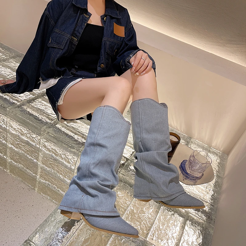 Plisowane niebieskie buty jeansowe modne damskie Chelsea Boots jesień zima na obcasie nowe buty damskie Zapatos Mujer