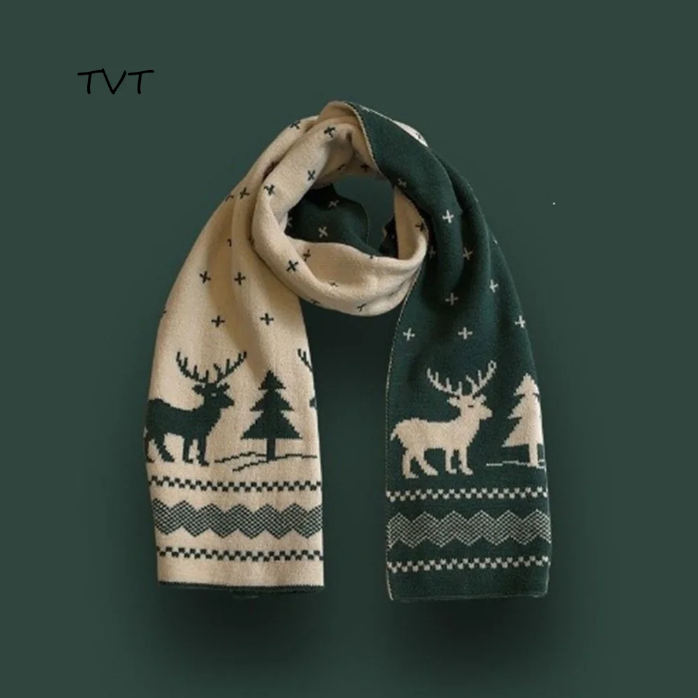 Thicken Red Knitted Christmas Scarf Long Green Winter Knitted Scarves Snowflake Thickened Plaid Wool Scarf New Year