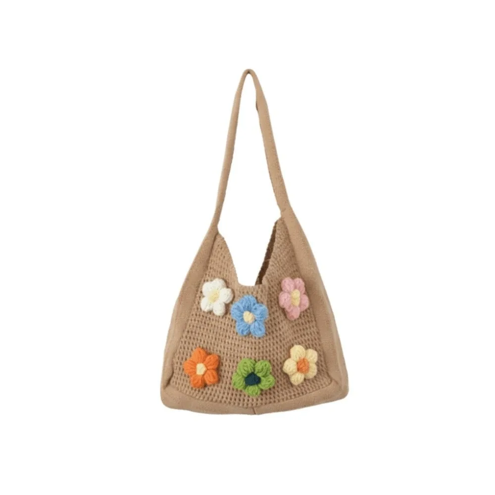 Sac fourre-tout en tricot doux et respirant, grande capacité, sac à bandoulière en crochet léger avec fleurs au crochet, sac à main pour vacances à la plage