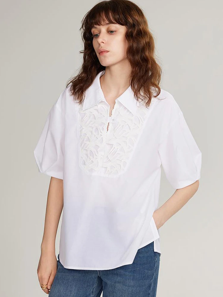 

Women Elegant White Shirt Vintage American Summer Short Sleeve Blouse Loose Retro Female Casual Turn Down Collar All Match Tops