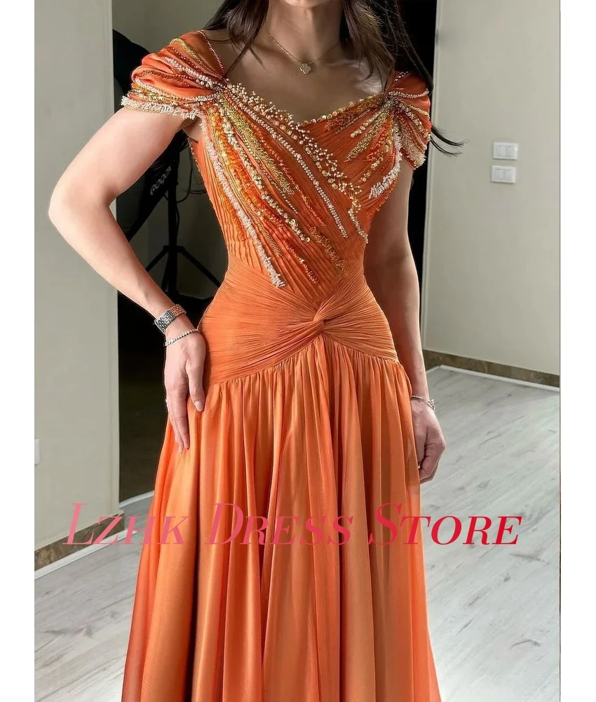 Vestido de noche personalizado de gasa de alta calidad, corte en A, hombros descubiertos, cuentas con lentejuelas y perlas, delicados vestidos de graduación con cuello en V