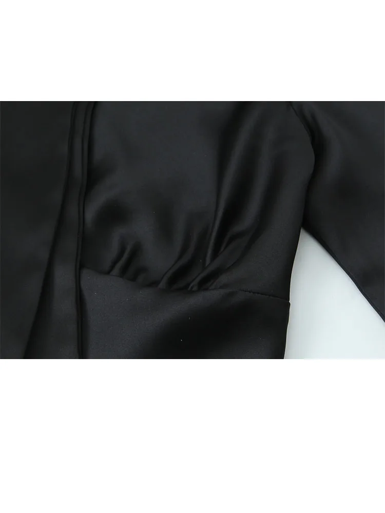 HH امرأة الربيع مثير العميق الخامس الرقبة طويلة الأكمام الشريط مطوي الديكور القمم الإناث تنوعا موضة الشارع نمط سليم قميص