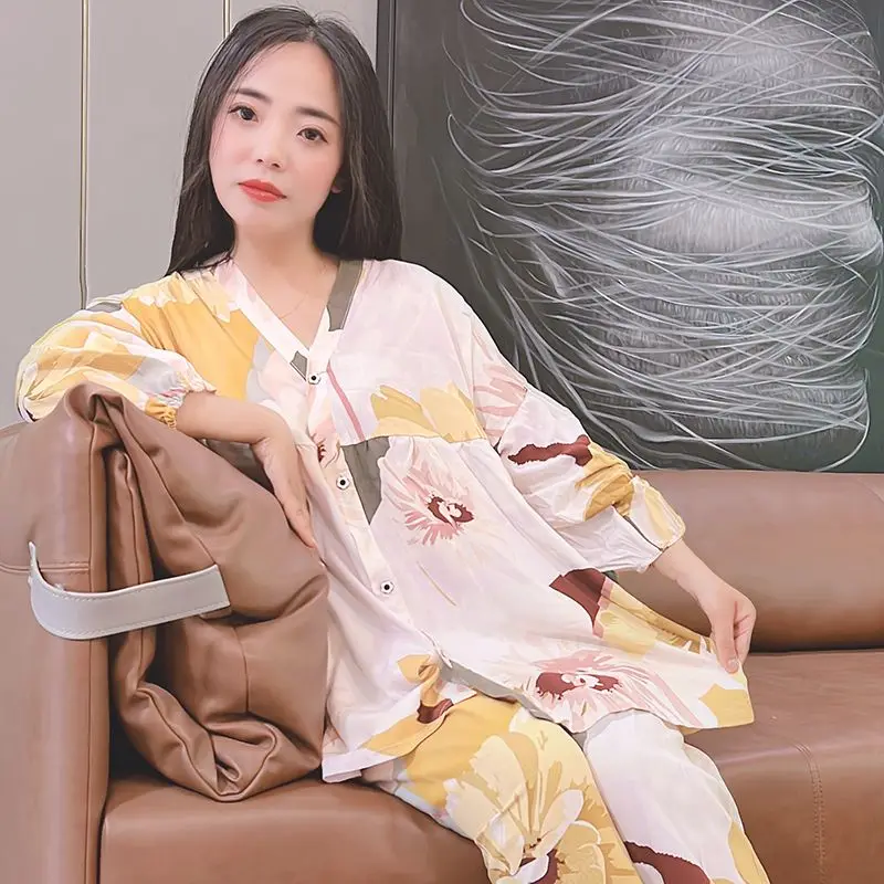

Summer Fashion Cotton Silk Suit Large Size Small Clear Pajamas Breathable Loose Two-piece Set Loungewear Temperament Mother Suit