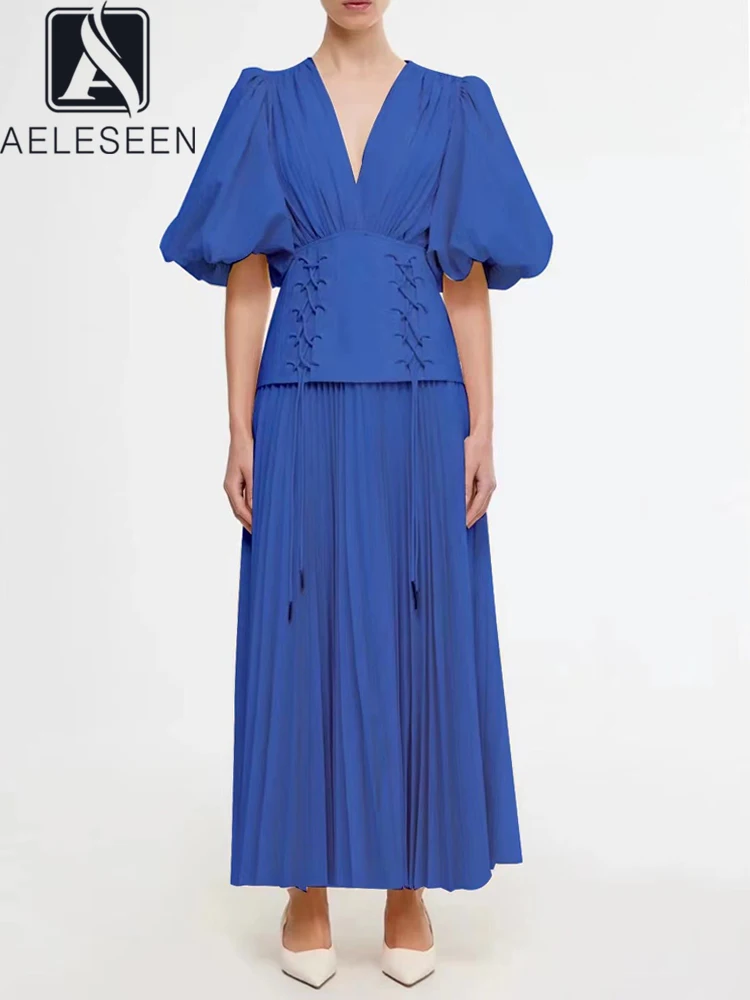 AELESEEN Runway Fashion Long Pleated Dress Women Design New Puff Sleeve V-Neck Bandage Patchwork High Waist Elegant Party