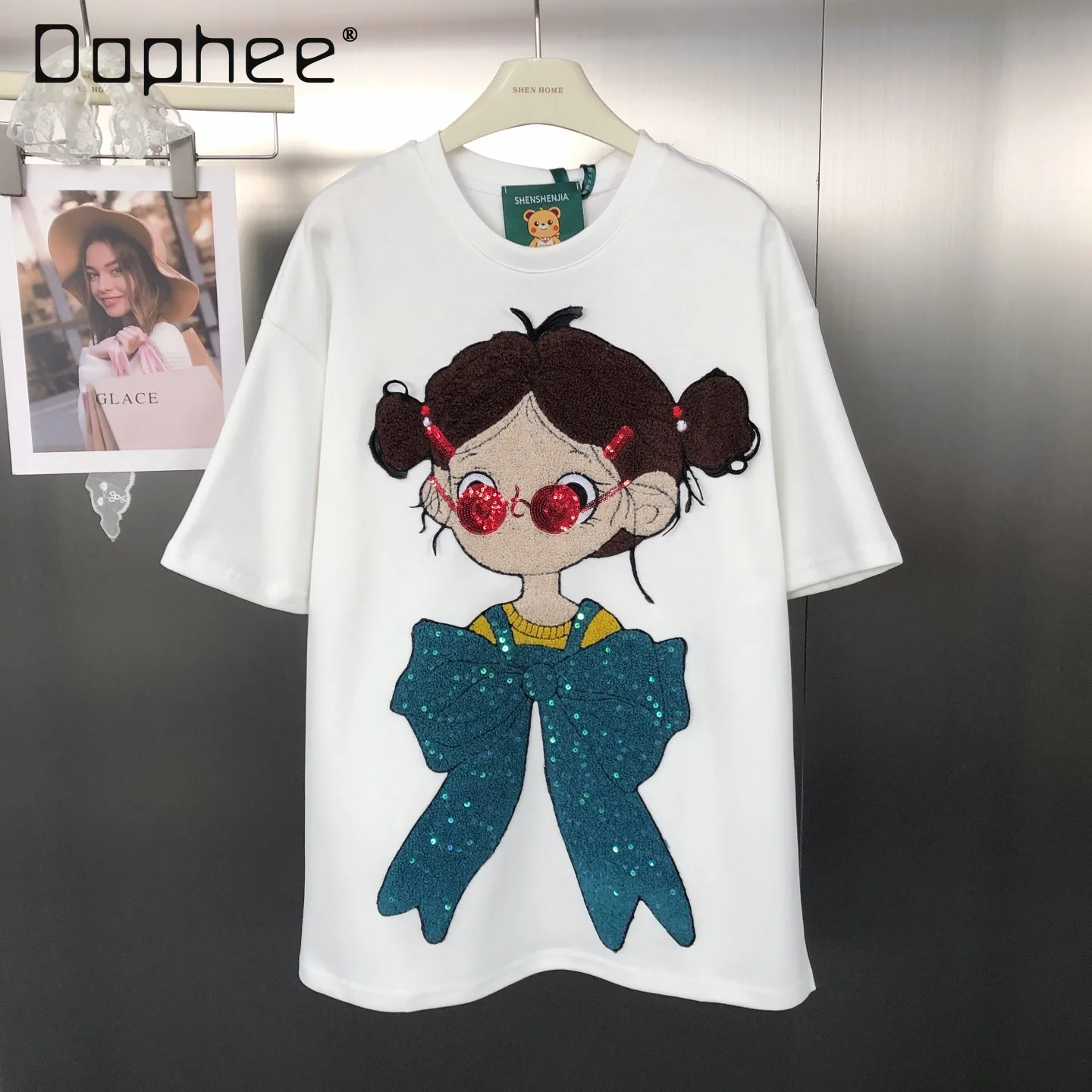 

Korean Style Fashion Versatile Trendy Cool Girl Sequin Towel Embroidery Patch Loose Multi-color Short Sleeve T-shirt Y2k Top