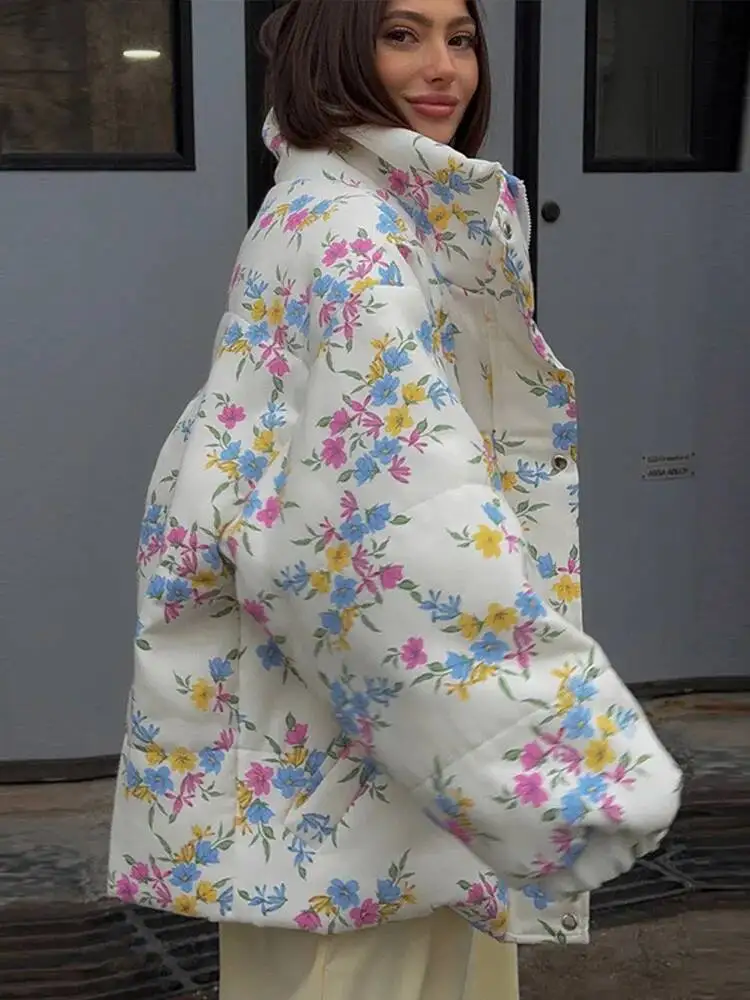 Veste élégante à col montant et manches longues zippée en coton rembourré pour femmes, imprimé, ample, hiver 2025, vêtements d'extérieur doux pour femmes