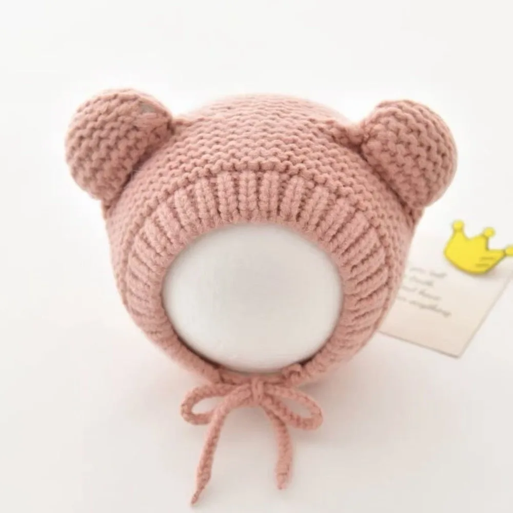

New Warm Knitted Hat Windproof Cute Bear Pullover Cap Coldproof Pompom Beanie Hat Outdoor Sports