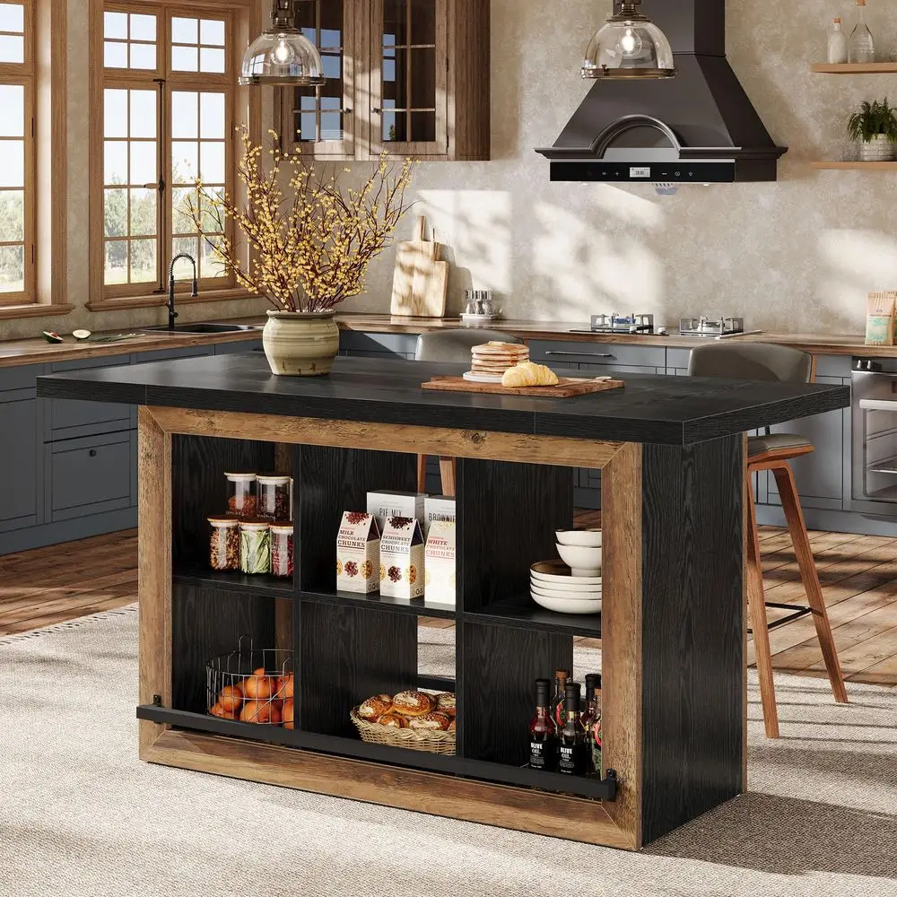 

Kitchen Island with Storage, Counter Height Kitchen Island Table with 6 Open Cubbies and Footrests, Coffee Bar Table for Dining