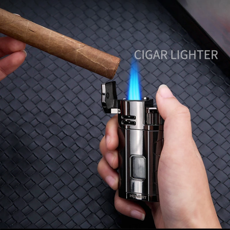 HONEST Metal Multifunctional Outdoor Windproof Butane Gas Lighter Turbo 3 Torch Blue Flame Straight Cigar Lighter Men\'s Gift