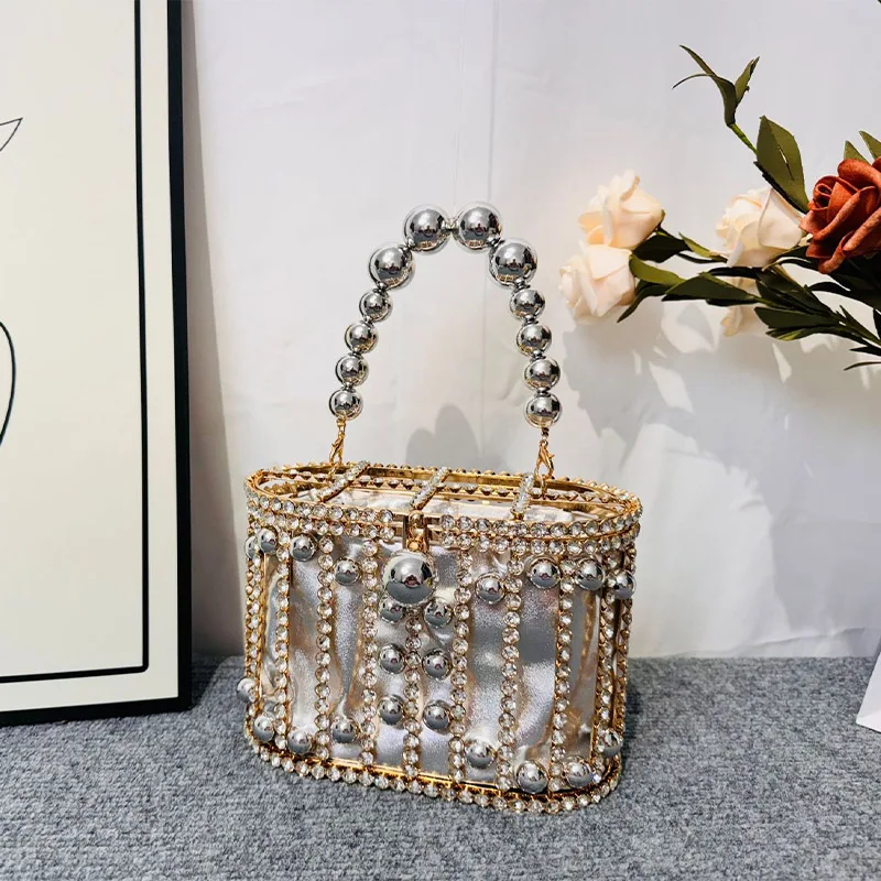 Hollow Pearl Beads Fashion Premium Crystal Rhinestone Evening Bag Women\'s Handbag Luxury Wedding Party Clutch Bag Crossbody Bag