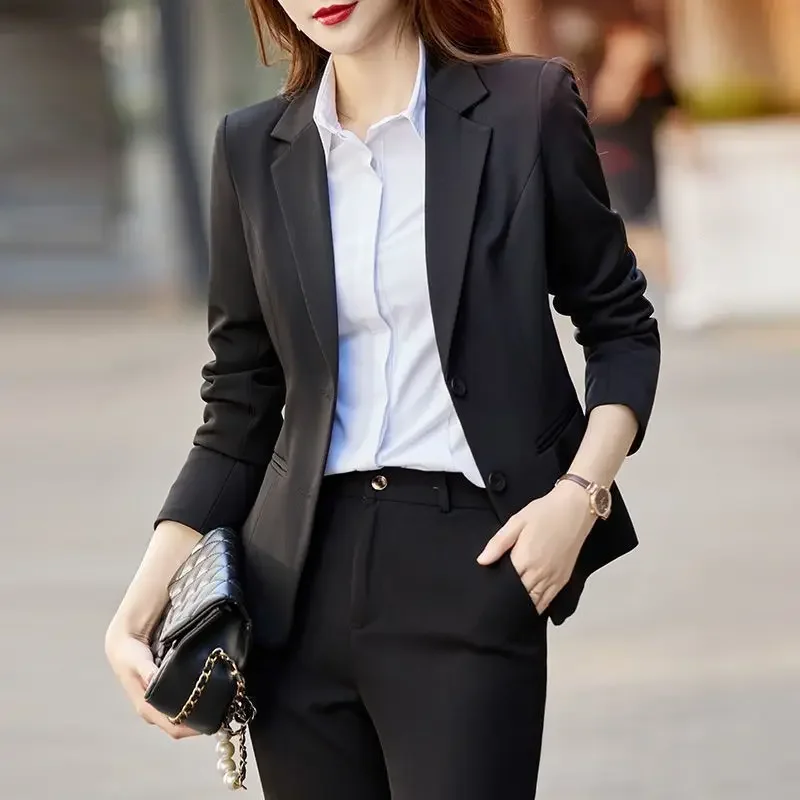 Ensemble deux pièces pour femme, chemise et pantalon, tenue de bureau, blazer noir, média