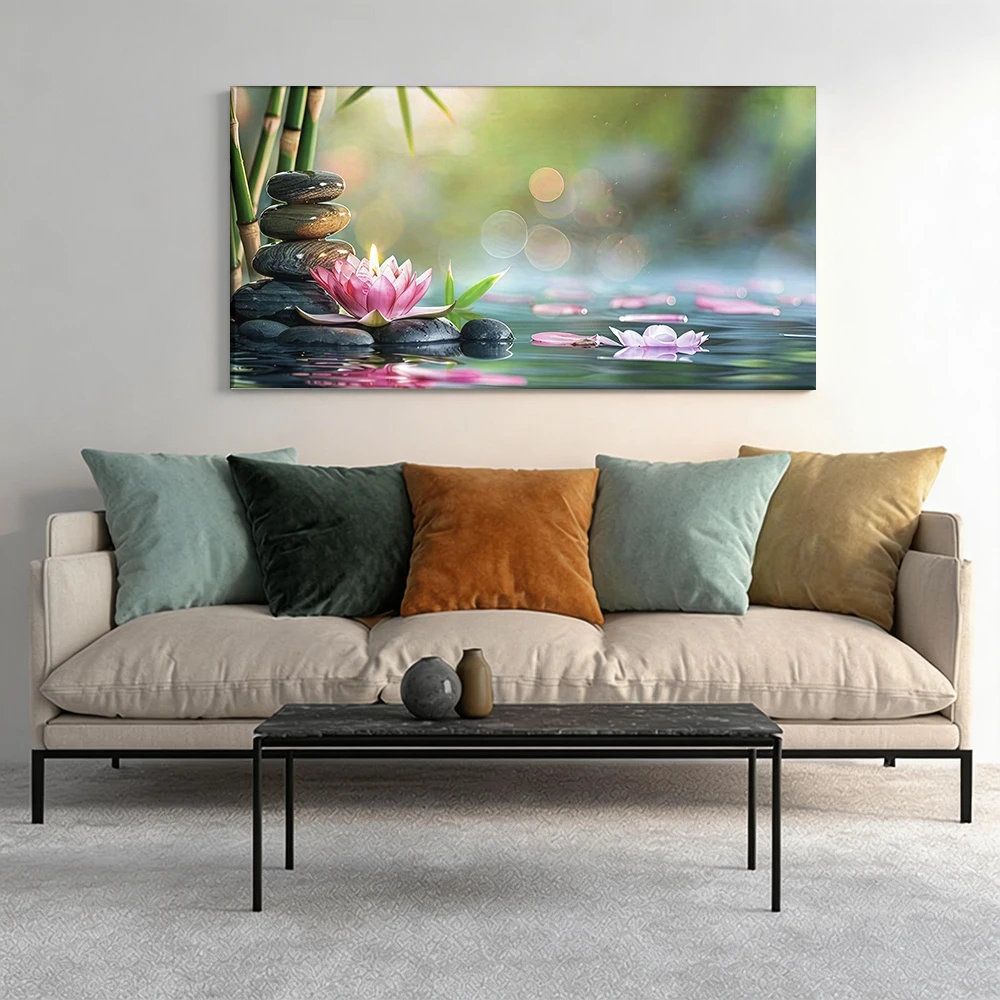 

2D flat printing 1pcLotus Beside Stacked Stones Large-sized canvas painting, for corridor and bedroom decoration