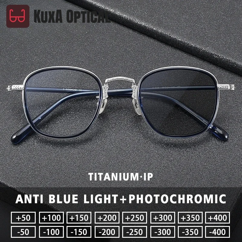 

KUXA стильная круглая оправа из чистого ацетата титана, высококачественные очки с защитой от синего луча для близорукости, мужские фотохромные очки по рецепту