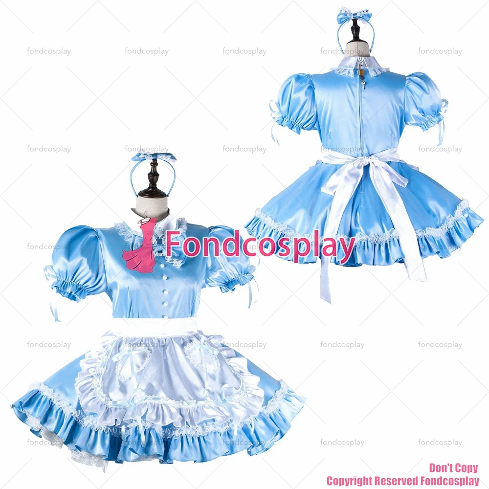 fondcosplay adult sexy cross dressing sissy maid baby blue satin dress lockable Uniform white apron costume CD/TV[G2219]