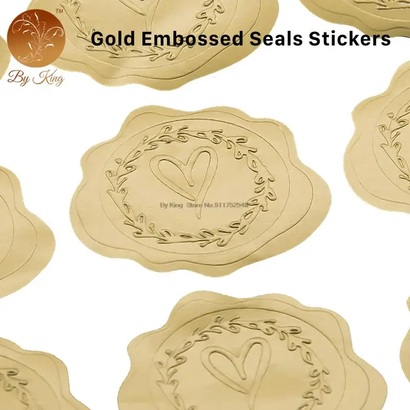 300/600pcs Self Adhesive Embossed Seals Gold Stickers Medal Decoration Labels Envelopes Gold Foil Embossed Heart For Wedding