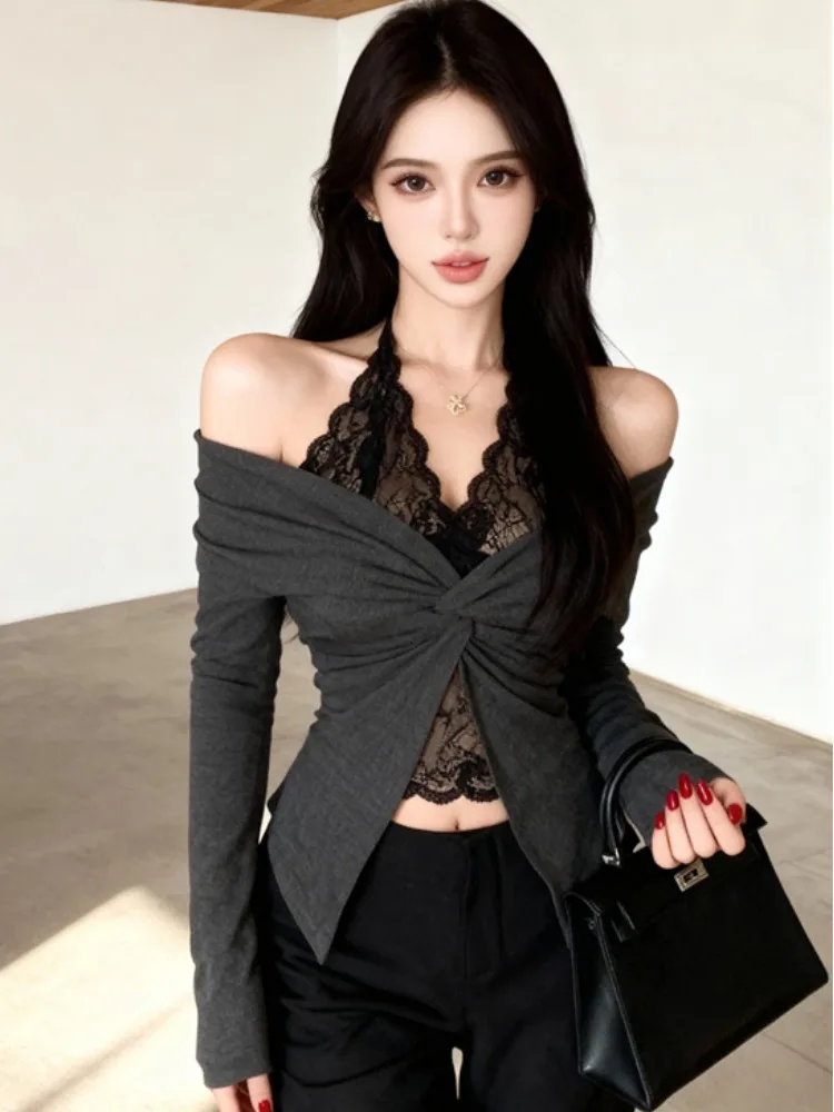 

Korean Style Long Sleeve Lace Patchwork Neck Hanging T-Shirt Women's Autumn New Twist Short Spicy Top Fake Two-Piece Citywalk...