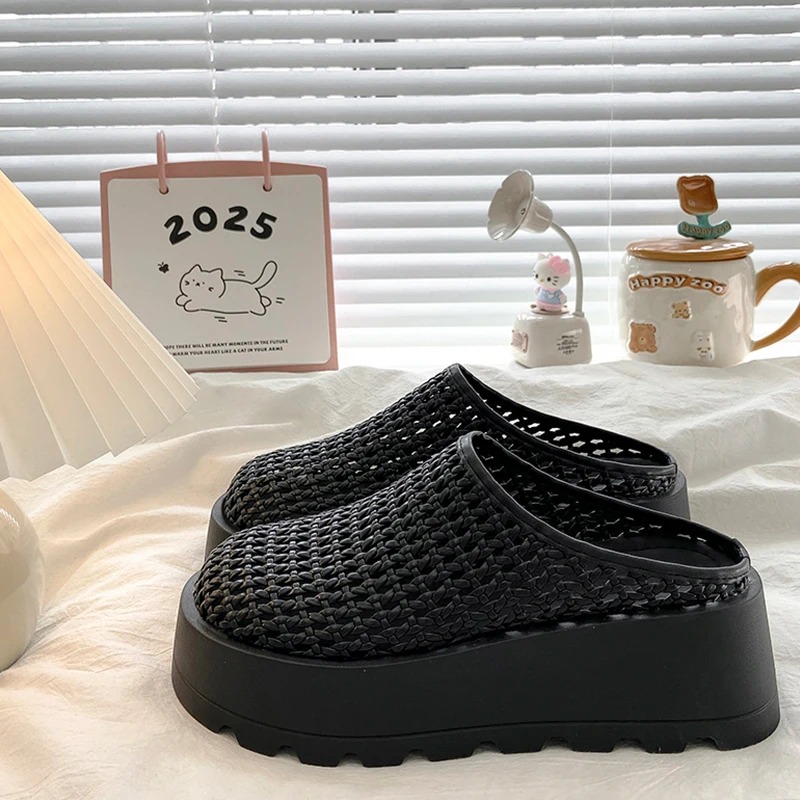 รองเท้าแตะสานแบบโปร่งสำหรับผู้หญิง สวมใส่สบาย ระบายอากาศได้ดี เหมาะสำหรับฤดูร้อน สไตล์เกาหลี ด้านในเป็นผ้าตาข่าย