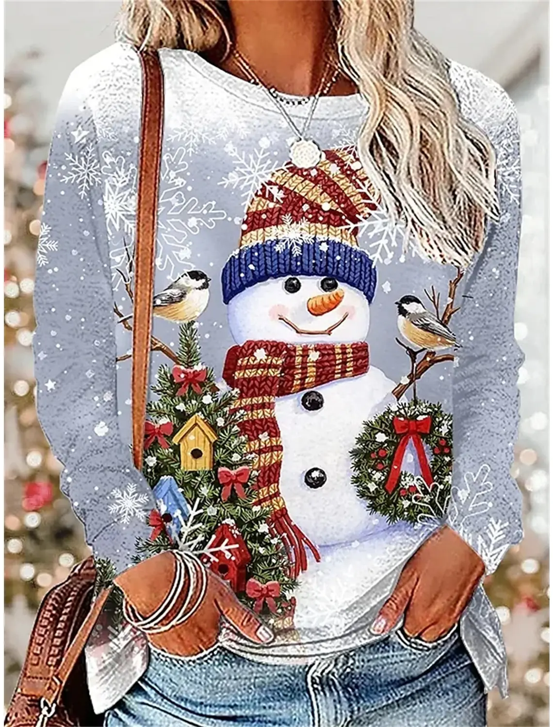 Christmas Snowman Women\'s T-shirt O Neck Oversized Pullover Female Party Clothes Daily Street Sweatshirt Casual Long Sleeves