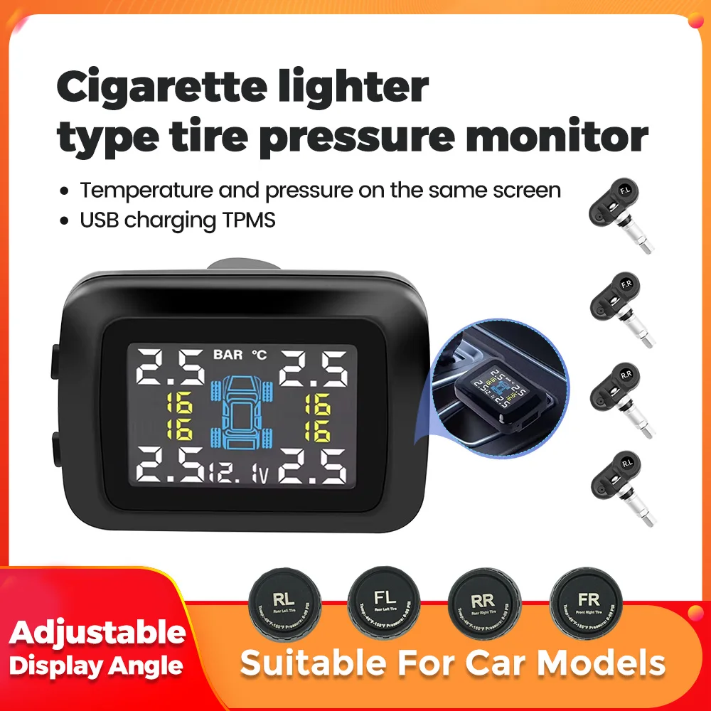 Cigarette Lighter TPMS Tire Pressure Monitoring Angle Real Time Tyre Pressure Temperature Monitor Internal External Sensors