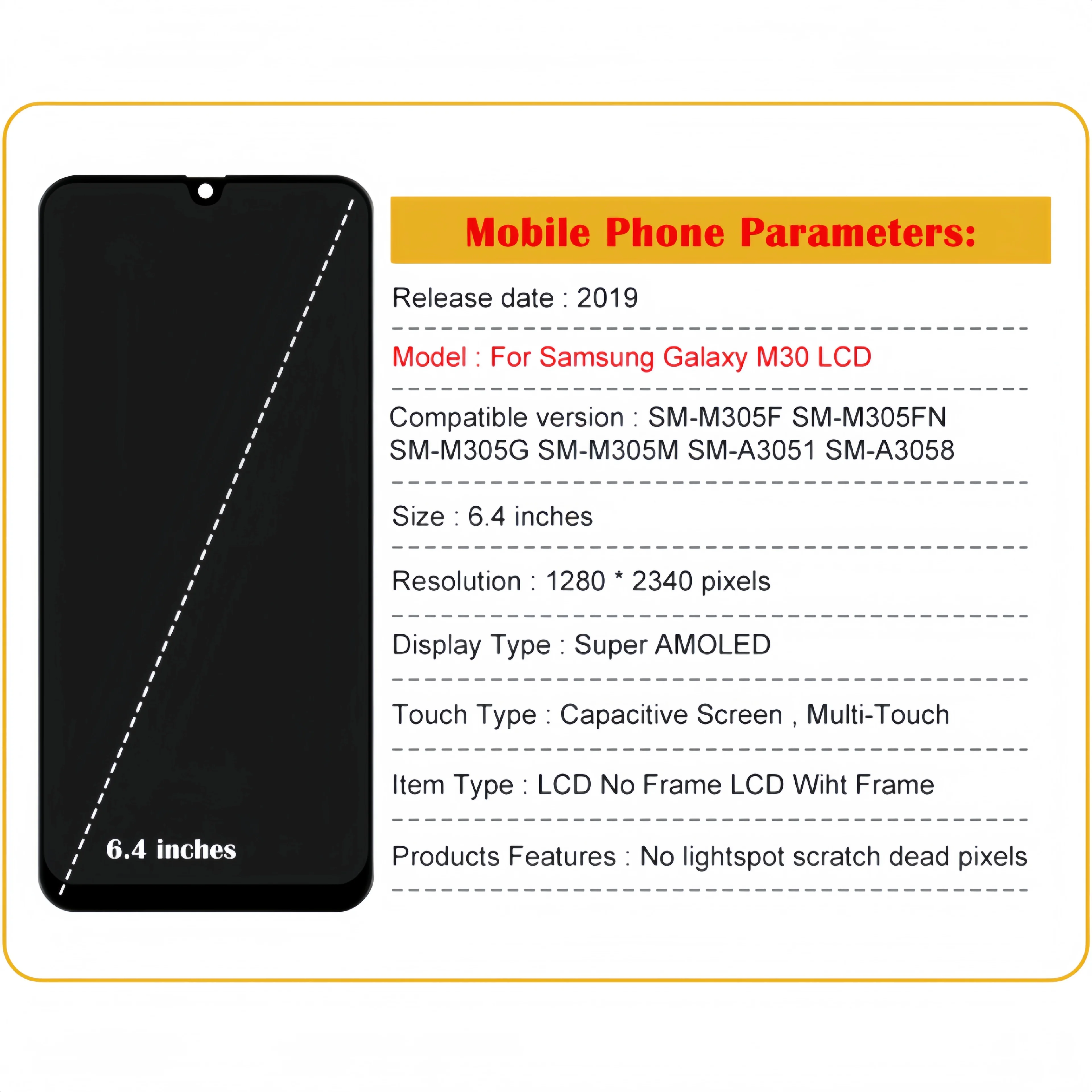 Rakitan Digitizer layar sentuh LCD, pengganti pengganti layar sentuh, Samsung Galaxy M30, M305, SM-M305F, M305FN, M305G, M305M, A3051, A3058