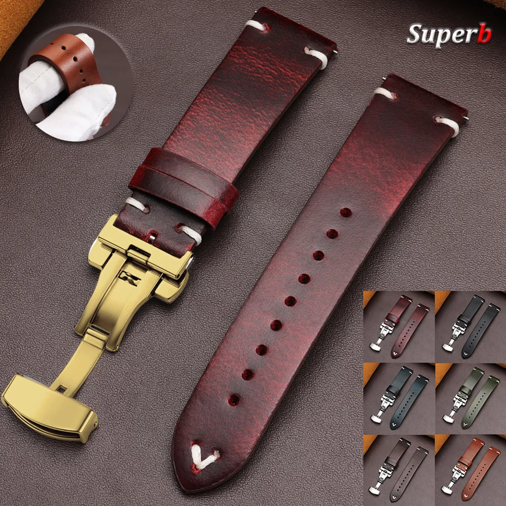 Bracelet pour montre Seiko Vintage en cuir huilé ciré, 18mm 20mm 22mm, pour hommes et femmes, boucle papillon, sangle en cuir de vachette pour Omega