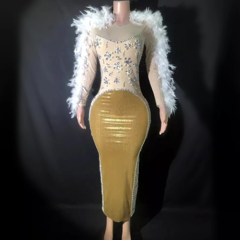 

Rhinestones Feathers Long Sleeve Sexy Spliced Back Slit Sheath Dress Evening Party Performance Costume Singer Dancer Stage Wear