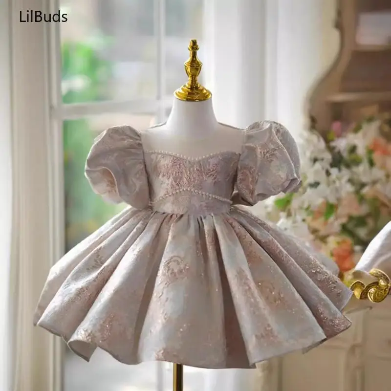 Infant Puff Sleeves Dress Party for Girl Birthday Kids Beading Vestidos Luxury Elegant Bridesmaid Dresses Children Ball Clothing