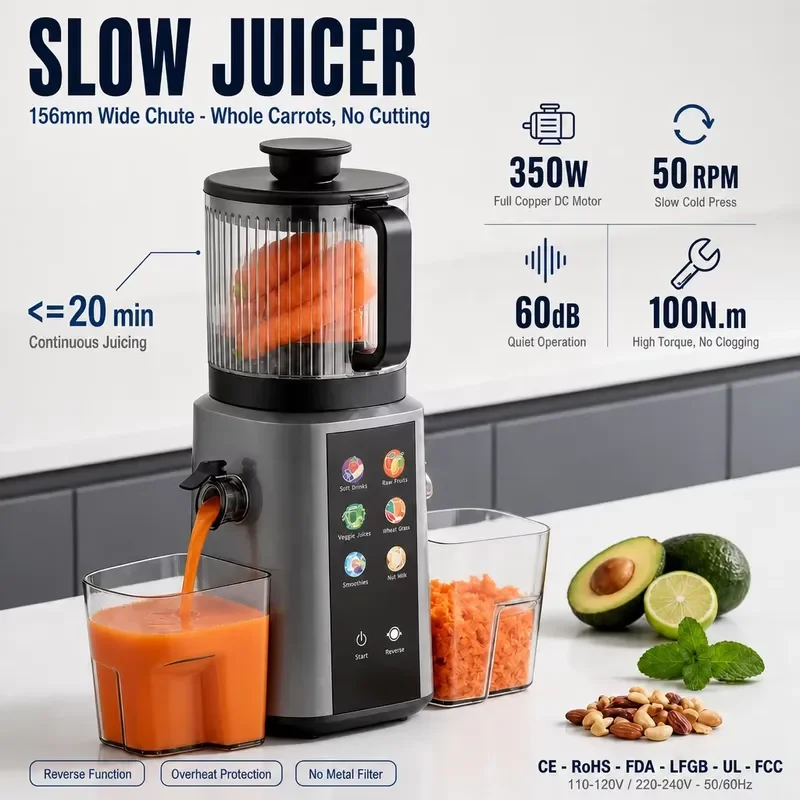 Cold Press Juicer Commercial Slow Masticating DC Wide Chute High Yield Quiet 350W Smoothie Nut Milk CE for Self Cleaning