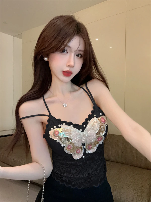 

2025 Summer Butterfly Beaded Camisole Patchwork Lace Tank Tops Slim Women Sexy Sleeveless Camis Vest