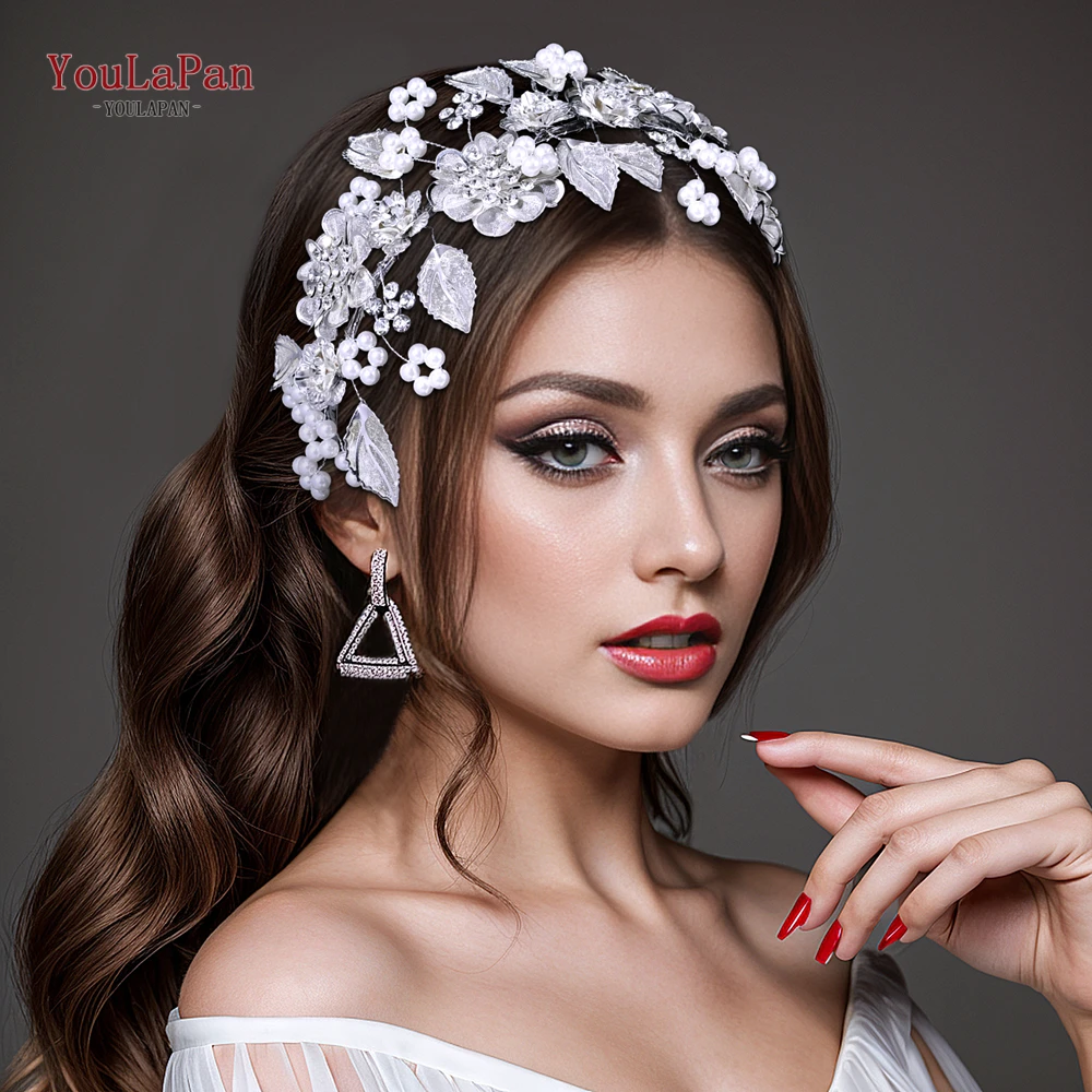 Youlapan noiva flor argola de cabelo cor prata liga flor casamento bandana artesanal pérola strass headpieces para mulher hp790