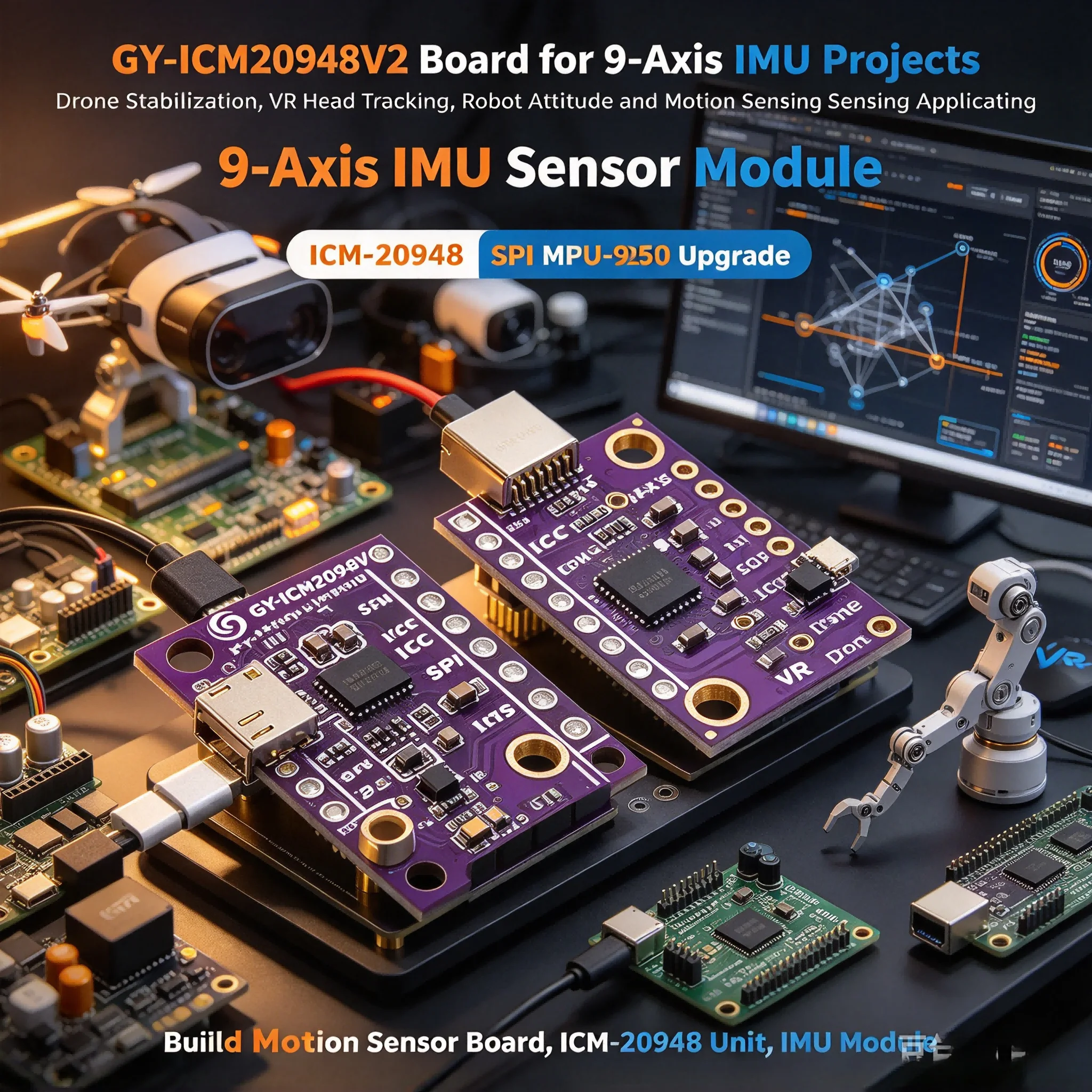 GY-ICM20948V2 9-Axis AHRS IMU Module I2C SPI High Accuracy for Arduino Raspberry Pi VR Drone