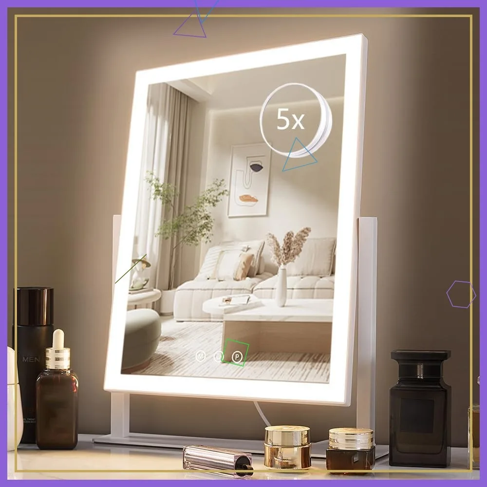 

Lighted Makeup Mirror with 3 Color Modes, 5X Magnification, Smart Touch Control, 360° Rotation in White Gift Box