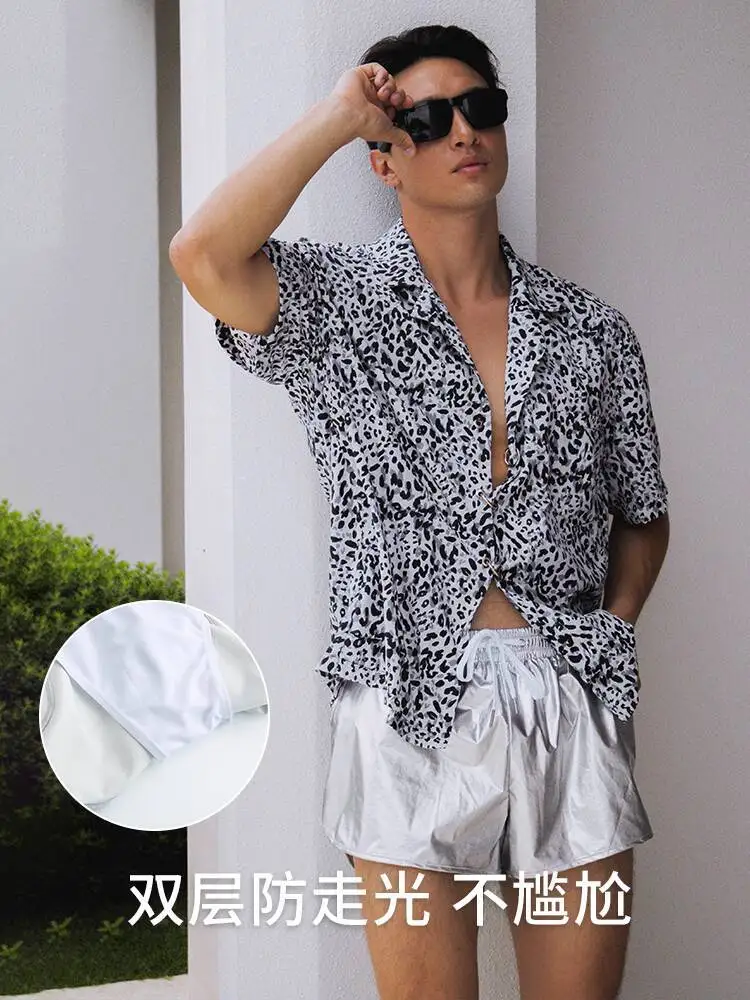 Glossy summer fashion chic silver swim shorts Plus size casual satin sports fitness bottoms