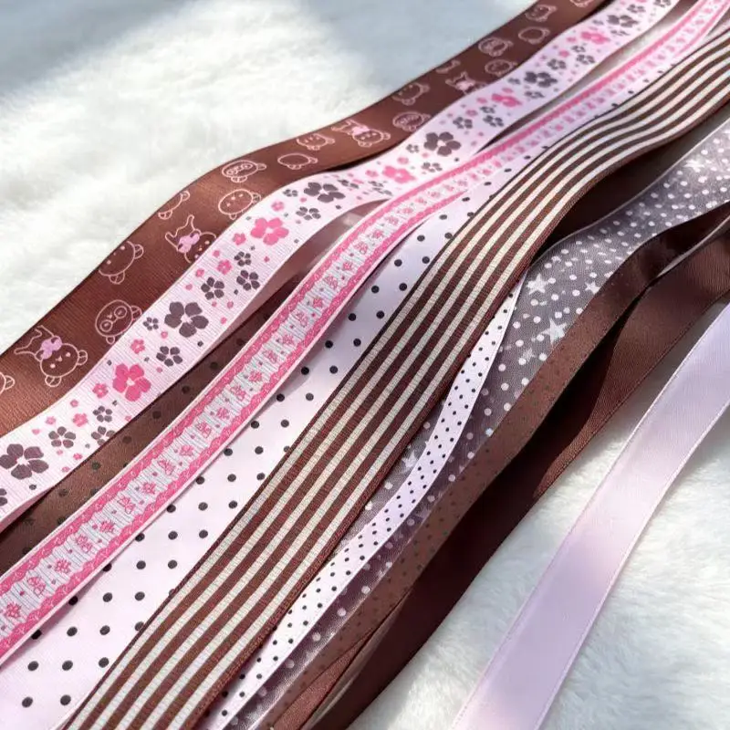 12-teiliges Set aus rosa-braunen gestreiften Bändern, Kombination aus Spitze, handgemachte Schleifen, Haaraccessoires, Geschenkverpackung, DIY-Material, Geschenk – Detail 3