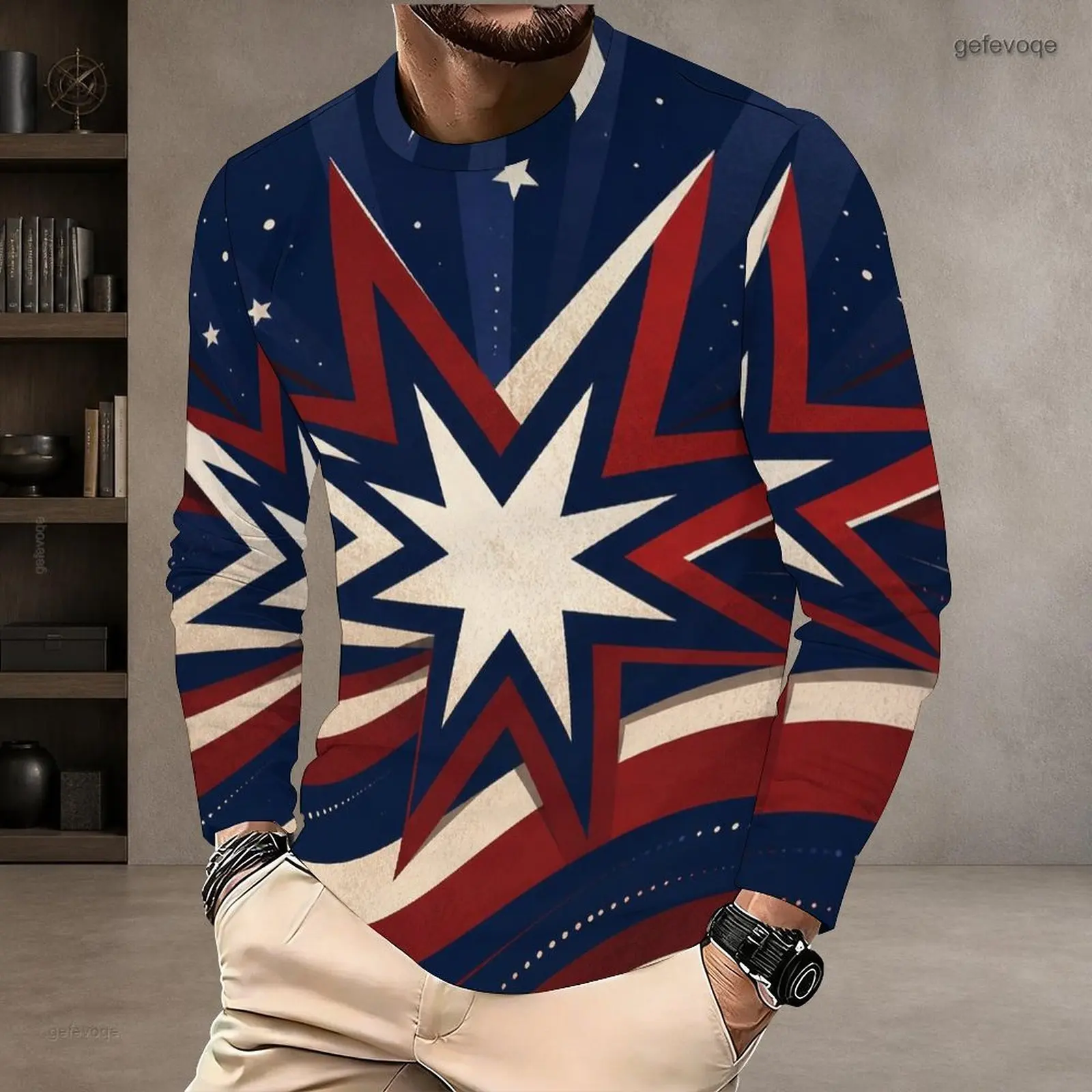 Men Star Print Red Navy Off White Round Neck Long Sleeve Pullover T Shirt