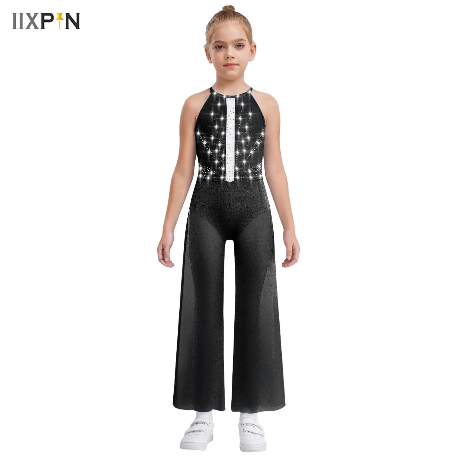 

Kids Girls Shimmery Rhinestone Jazz Dance Bodysuit Sleeveless Keyhole Back Sides Split Wide-Leg Jumpsuit with Built-in Briefs