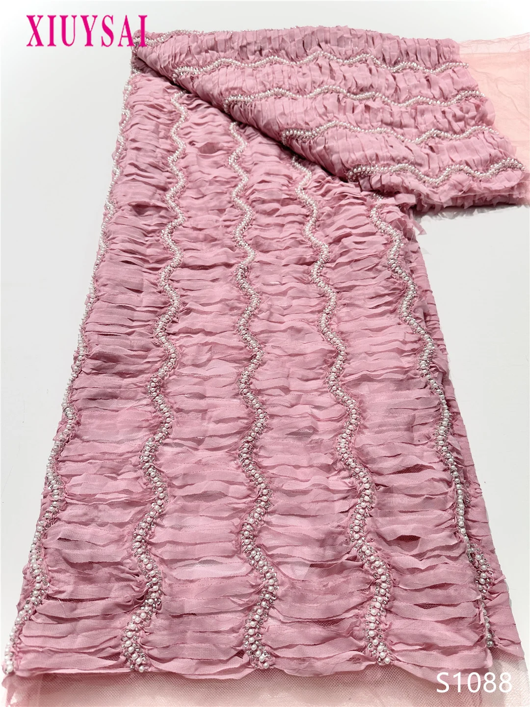 

High Quality African Lace Fabric 2025 French 3D Flower Pink Sequins Embroidery Beads Tulle 5 Yard for Party Dress