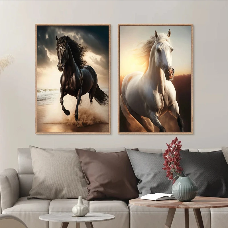 Black and White Wild Horses Canvas Paintings on The Wall Art Posters Prints Wall Picture Modern Animals Art Room Decor Frameless