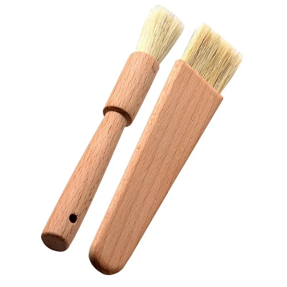

2 Pcs Wooden Handle Natural Bristle Baking Brush Round Flat Design Pastry Tool Kitchen Oil Brush For Grilling Bakery Supplies