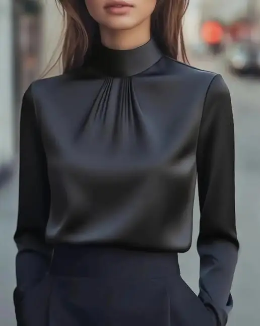 

Autumn Fashion Elegant Solid Color Long Sleeved Women's Shirt High Neck Pleated Solid Color Long Sleeved Chiffon Shirt