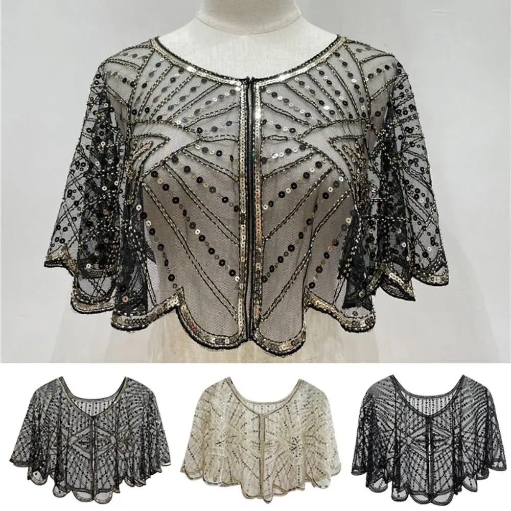 Vintage 1920s Flapper Shawl Sequin Beaded Short Cape Beaded Decoration Gatsby Party Mesh Short Cover Up Dress Accessory