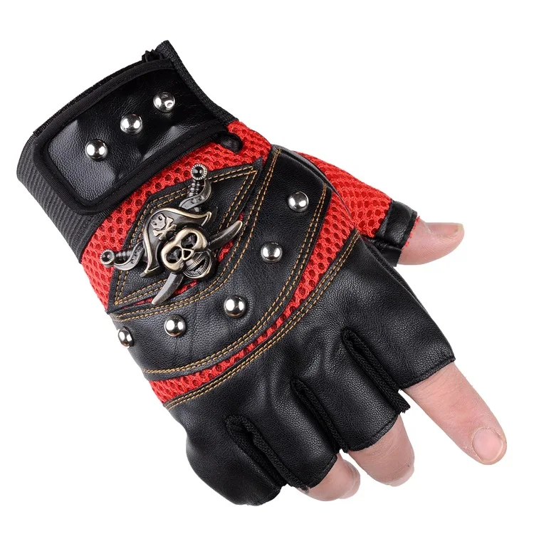 Pirate Captain PU Leather Fingerless Gloves Men Women Skulls Rivet Mitts Hip Hop Gym Gloves Female Moto Half Finger Men\'s Gloves