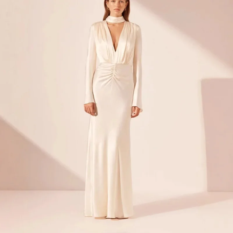 유럽 및 미국 패션 실크 새틴 롱 러치드 사교계 스타일 드레스 여성용