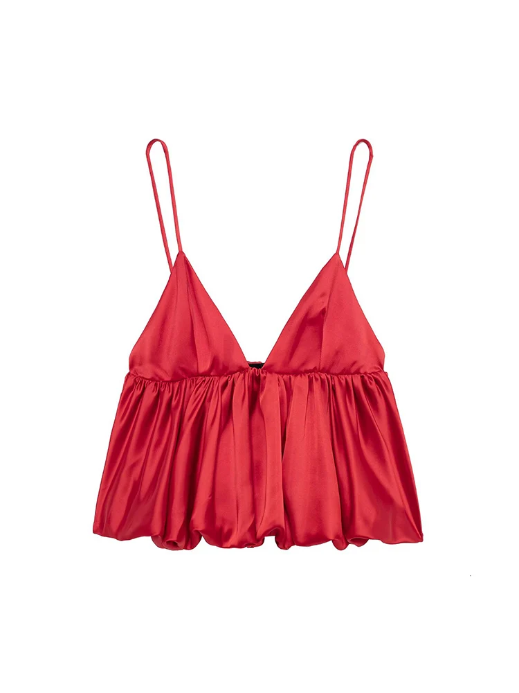 

Willshela Women Fashion Red Pleated Backless A-Line Camis Vintage Thin Straps V-Neck Female Chic Lady Tops