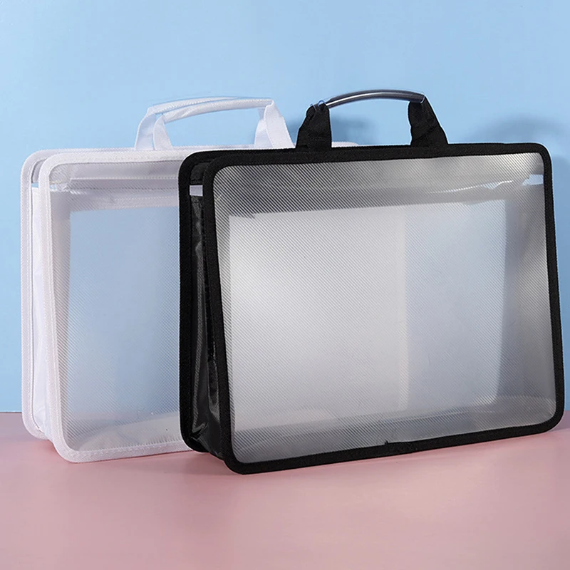 Transparent A4 File Handbag Large Capacity Waterproof Documents Students Business Portable Double Layer Zipper Storage Bags