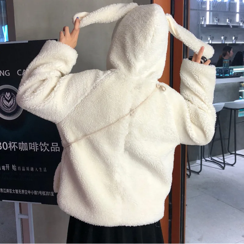 Autumn Winter Women Kawaii Rabbit Ears Plush Thicken Hoodie Faux Fur Casual Soft Warm Fluffy Embroidery Sweatshirt With Mini Bag