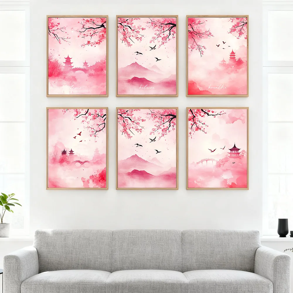 Póster de flor de cerezo japonesa, acuarela rosa, flor de cerezo, cuadro sobre lienzo para pared, decoración estética japonesa